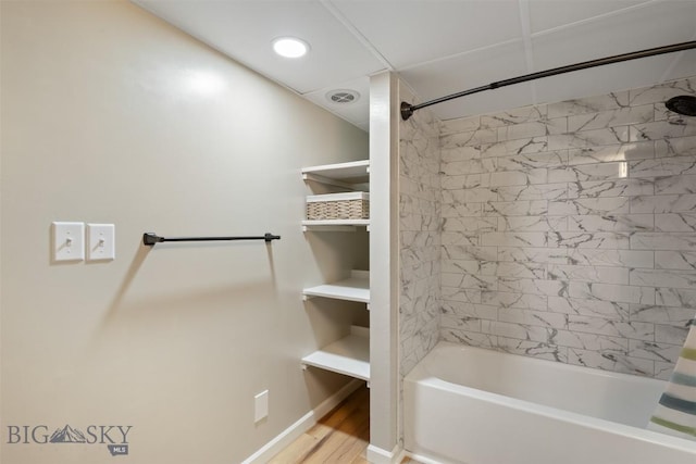 303 Sharon Ct, Anaconda, MT 59711 - full bathroom featuring shower / bath combo with shower curtain, wood finished floors, baseboards, and recessed lighting