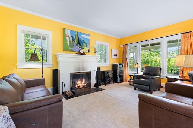 602 S 6th Ave, Bozeman, MT 59715 - living area with a brick fireplace, carpet, and crown molding