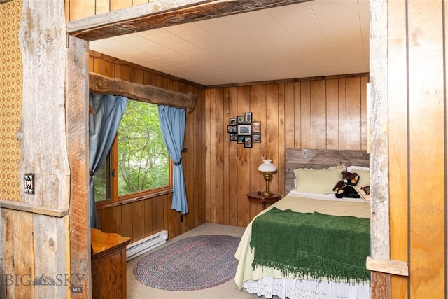 64370 Gallatin Rd, Gallatin Gateway, MT 59730 - bedroom featuring wood walls, a baseboard radiator, and carpet floors