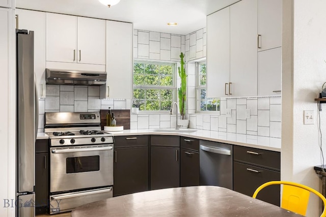85 Shallow Brook Ln, Belgrade, MT 59714 - kitchen featuring stainless steel appliances, under cabinet range hood, white cabinetry, and backsplash