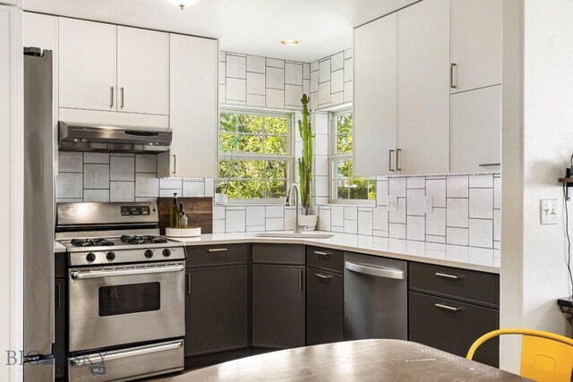 85 Shallow Brook Ln, Belgrade, MT 59714 - kitchen with appliances with stainless steel finishes, under cabinet range hood, white cabinets, and backsplash