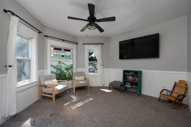 311 N 6th St, Manhattan, MT 59741 - sitting room featuring a wainscoted wall, carpet flooring, and ceiling fan