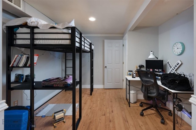 311 N 6th St, Manhattan, MT 59741 - bedroom with a desk, light wood-style floors, crown molding, and recessed lighting