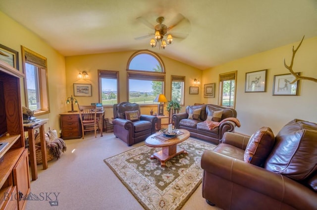 886 Wierda Way, Manhattan, MT 59741 - carpeted living room featuring a ceiling fan and lofted ceiling