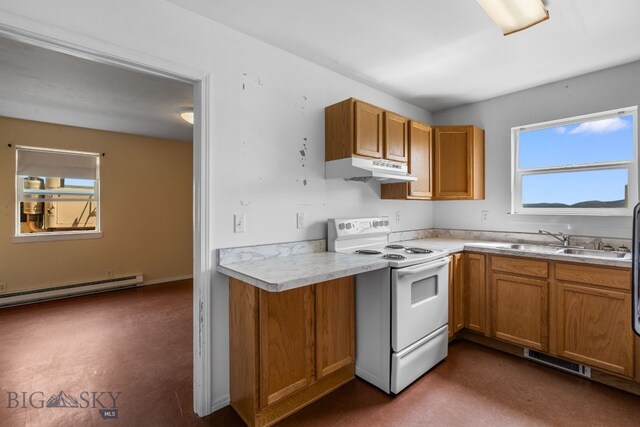 6385 Mt Highway 41, Whitehall, MT 59759 - kitchen with white electric range, a baseboard heating unit, brown cabinetry, and under cabinet range hood