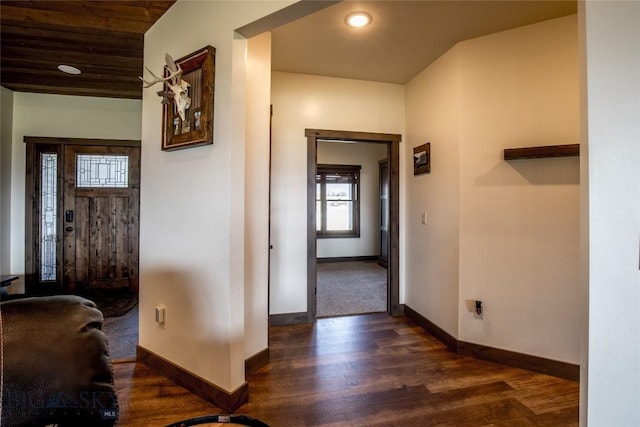 8 Sunset Ct, Ennis, MT 59729 - entryway with dark wood-type flooring, recessed lighting, and wooden ceiling
