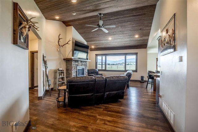 8 Sunset Ct, Ennis, MT 59729 - living room with wooden ceiling, a stone fireplace, ceiling fan, dark wood-style flooring, and recessed lighting