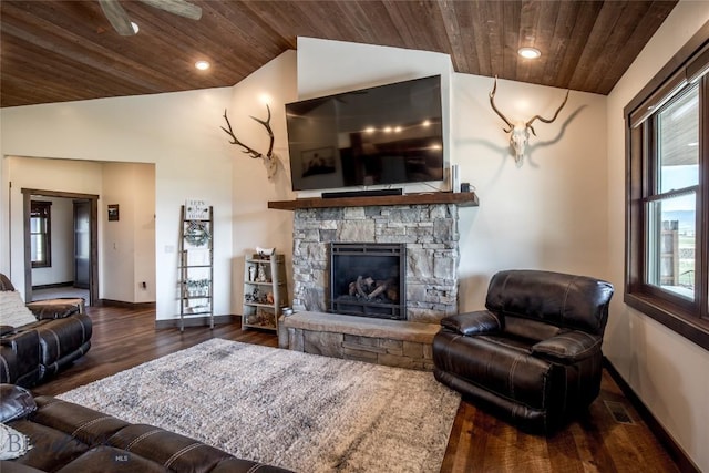 8 Sunset Ct, Ennis, MT 59729 - living room with wooden ceiling, vaulted ceiling, a stone fireplace, wood finished floors, and recessed lighting