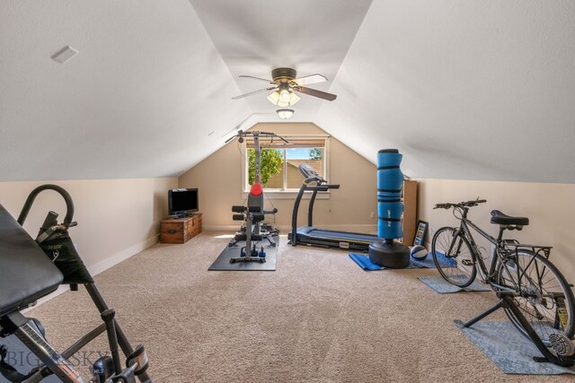 109 Baker St, Belgrade, MT 59714 - exercise room with a ceiling fan, vaulted ceiling, and carpet flooring