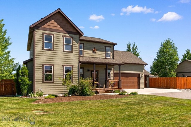 109 Baker St, Belgrade, MT 59714 - view of front facade featuring a porch, concrete driveway, an attached garage, and a shingled roof