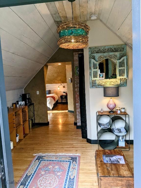 401 S Bozeman Ave, Bozeman, MT 59715 - hallway featuring vaulted ceiling, wooden ceiling, and wood finished floors