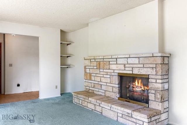 117 Henderson St, Bozeman, MT 59715 - detailed view of a fireplace, a textured ceiling, and carpet floors