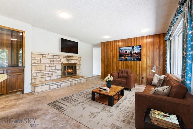 117 Henderson St, Bozeman, MT 59715 - living area featuring carpet, healthy amount of natural light, a stone fireplace, a textured ceiling, and wooden walls