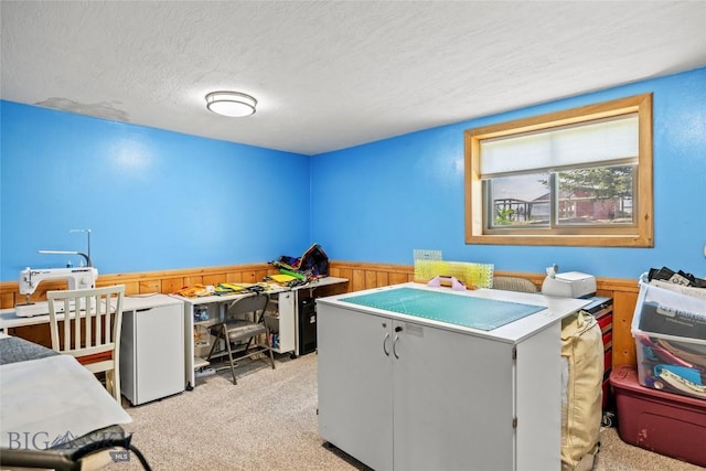 3573 Spain Bridge Rd, Belgrade, MT 59714 - kitchen with light colored carpet, wainscoting, and a textured ceiling