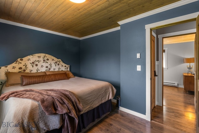 24151 Frontage Rd, Bozeman, MT 59718 - bedroom featuring wood finished floors, crown molding, baseboard heating, and wooden ceiling