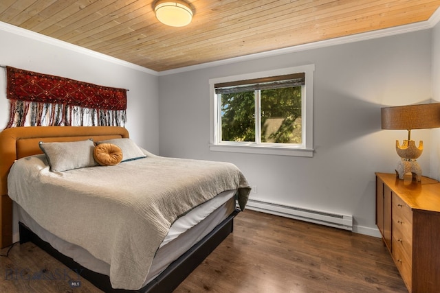 24151 Frontage Rd, Bozeman, MT 59718 - bedroom featuring a baseboard radiator, crown molding, wooden ceiling, and wood finished floors