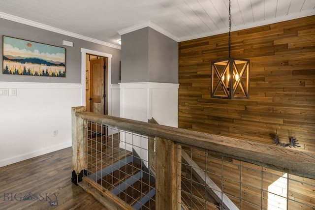 24151 Frontage Rd, Bozeman, MT 59718 - hall with an upstairs landing, crown molding, a chandelier, dark wood finished floors, and wainscoting