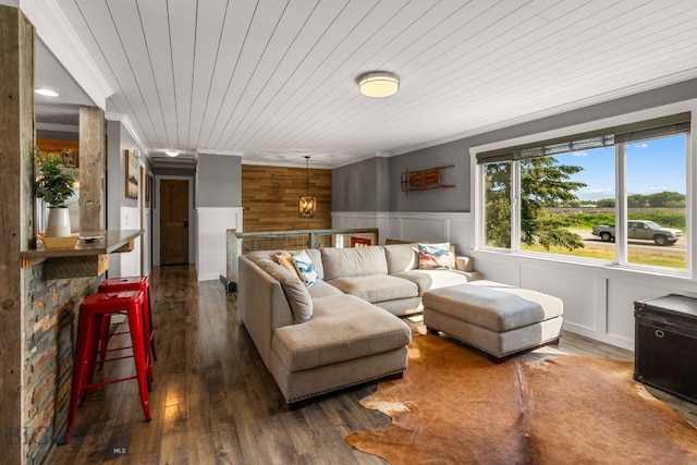 24151 Frontage Rd, Bozeman, MT 59718 - living room with wood finished floors, ornamental molding, wainscoting, and wood ceiling