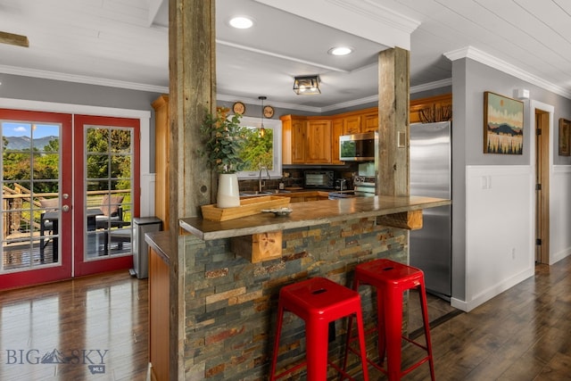 24151 Frontage Rd, Bozeman, MT 59718 - kitchen with stainless steel appliances, healthy amount of natural light, ornamental molding, dark wood-style flooring, and french doors