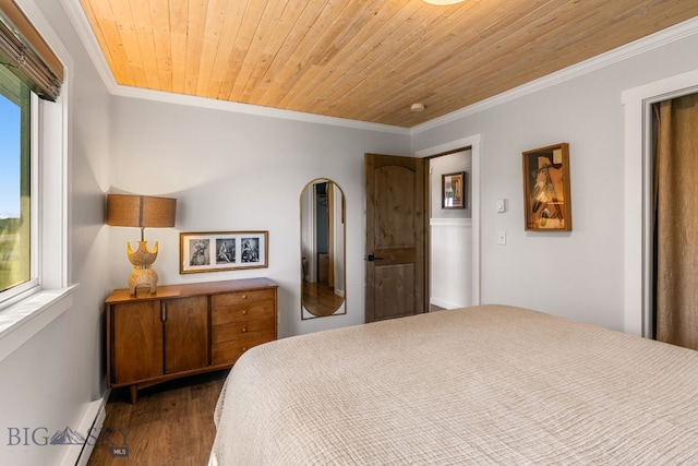 24151 Frontage Rd, Bozeman, MT 59718 - bedroom featuring crown molding, wood ceiling, dark wood finished floors, and baseboard heating