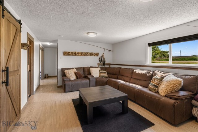 24151 Frontage Rd, Bozeman, MT 59718 - living room featuring a barn door, light wood-type flooring, and a textured ceiling
