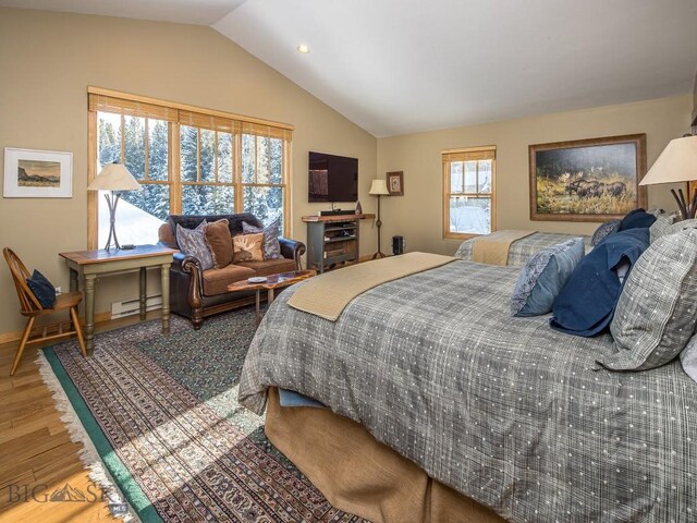 1255 Andesite Rd, Big Sky, MT 59716 - bedroom featuring a baseboard radiator, wood finished floors, and lofted ceiling