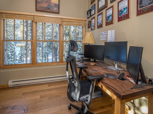 1255 Andesite Rd, Big Sky, MT 59716 - home office featuring a baseboard heating unit and wood finished floors
