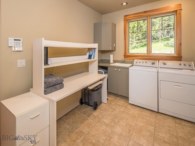 725 Sandhill Rd, Big Sky, MT 59716 - washroom with cabinet space, independent washer and dryer, light tile patterned flooring, and recessed lighting