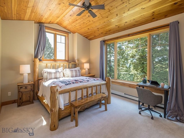 725 Sandhill Rd, Big Sky, MT 59716 - bedroom with lofted ceiling, a baseboard radiator, a desk, light colored carpet, and wooden ceiling