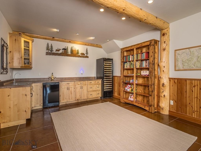 725 Sandhill Rd, Big Sky, MT 59716 - kitchen with dishwasher, light brown cabinets, wainscoting, dark countertops, and recessed lighting