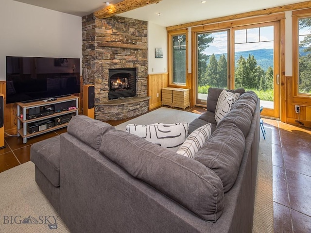 725 Sandhill Rd, Big Sky, MT 59716 - living room with wainscoting and a fireplace