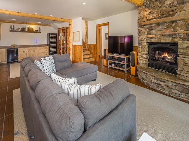 725 Sandhill Rd, Big Sky, MT 59716 - living area featuring wainscoting, stairs, a fireplace, and recessed lighting