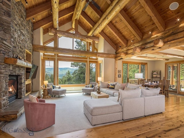 725 Sandhill Rd, Big Sky, MT 59716 - living room with a wood ceiling with exposed beams, a fireplace, hardwood / wood-style floors, and high vaulted ceiling