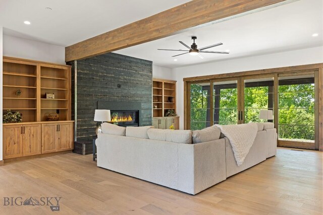 33 Leachman Ln, Bozeman, MT 59718 - living area featuring a ceiling fan, a fireplace, light wood-style floors, and recessed lighting