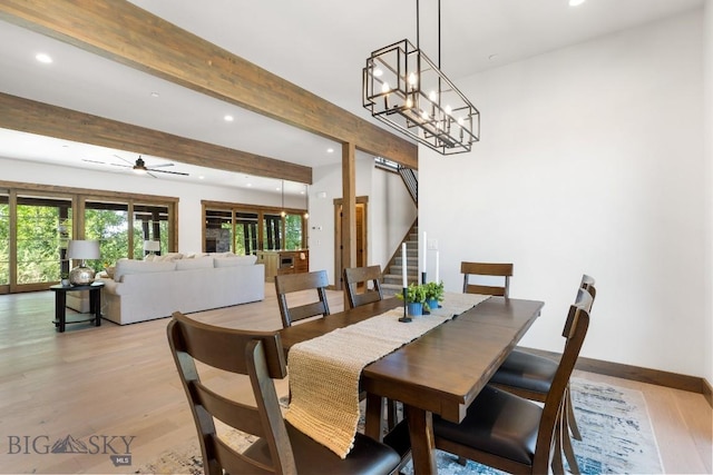 33 Leachman Ln, Bozeman, MT 59718 - dining space featuring recessed lighting, stairway, light wood-style flooring, beamed ceiling, and ceiling fan
