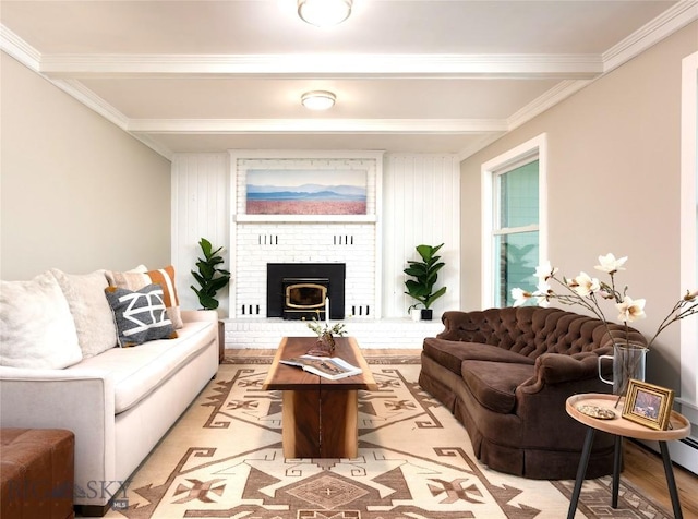 8373 Goldenstein Ln, Bozeman, MT 59715 - living room with a brick fireplace, crown molding, and light wood-style floors