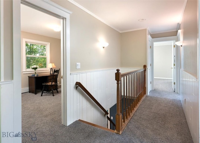 8373 Goldenstein Ln, Bozeman, MT 59715 - corridor featuring carpet floors, an upstairs landing, a baseboard radiator, ornamental molding, and wainscoting