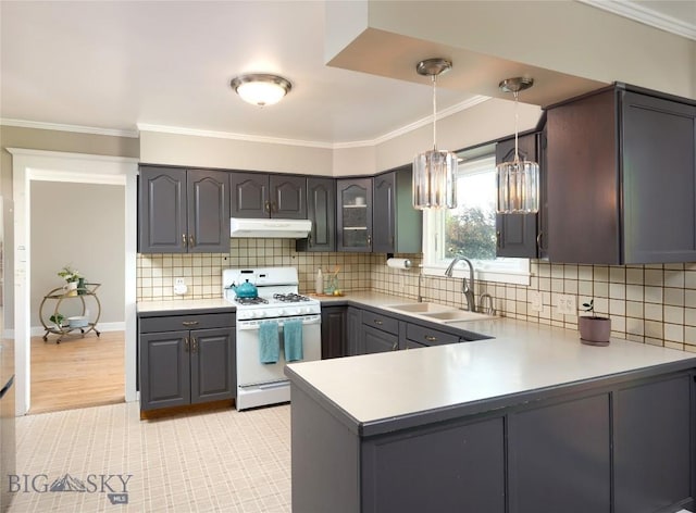 8373 Goldenstein Ln, Bozeman, MT 59715 - kitchen with white gas stove, under cabinet range hood, gray cabinetry, ornamental molding, and a peninsula
