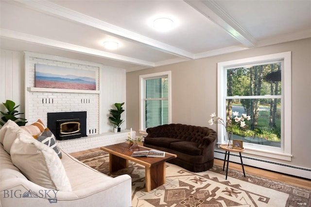 8373 Goldenstein Ln, Bozeman, MT 59715 - living area featuring beam ceiling, light wood-style floors, a baseboard radiator, and crown molding