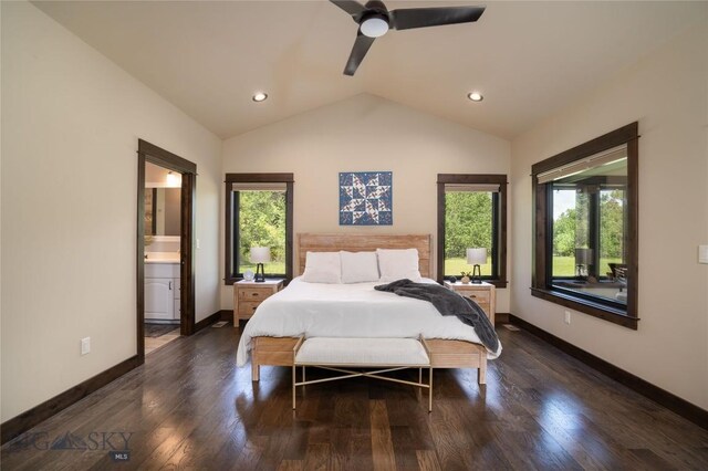 13011 Cottonwood Canyon Rd, Bozeman, MT 59718 - bedroom with vaulted ceiling, wood finished floors, recessed lighting, ceiling fan, and ensuite bath