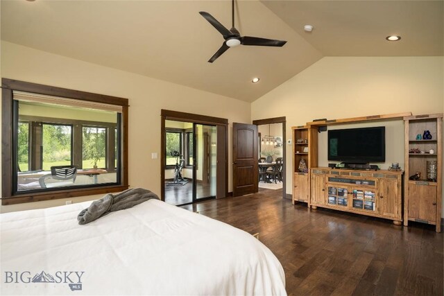 13011 Cottonwood Canyon Rd, Bozeman, MT 59718 - bedroom with dark wood-style flooring, access to outside, recessed lighting, ceiling fan, and high vaulted ceiling