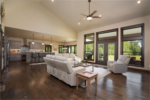 13011 Cottonwood Canyon Rd, Bozeman, MT 59718 - living room featuring high vaulted ceiling, a ceiling fan, dark wood finished floors, french doors, and recessed lighting
