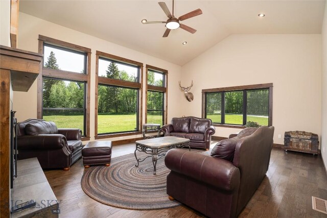 13011 Cottonwood Canyon Rd, Bozeman, MT 59718 - living area with lofted ceiling, a ceiling fan, plenty of natural light, hardwood / wood-style flooring, and recessed lighting