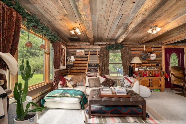 13011 Cottonwood Canyon Rd, Bozeman, MT 59718 - living room with wooden ceiling and rustic walls