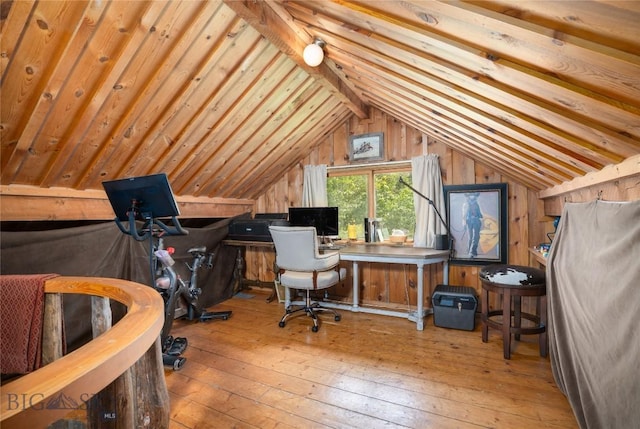 13011 Cottonwood Canyon Rd, Bozeman, MT 59718 - office space with lofted ceiling, hardwood / wood-style floors, and wood walls