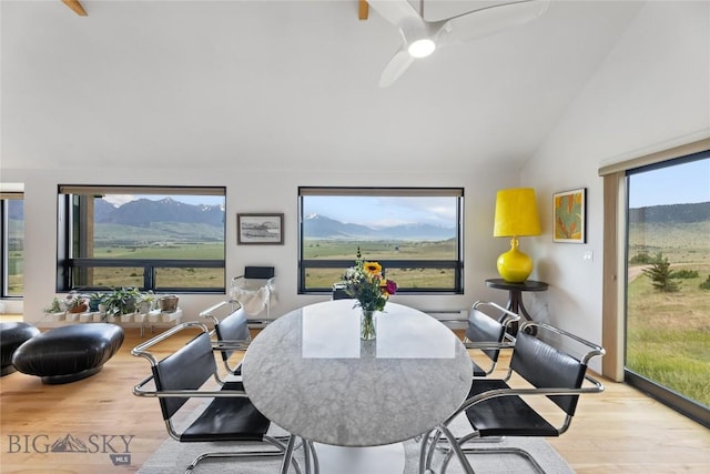 145 Spring Creek Hills Rd, Livingston, MT 59047 - dining space with wood finished floors, lofted ceiling, ceiling fan, and a mountain view