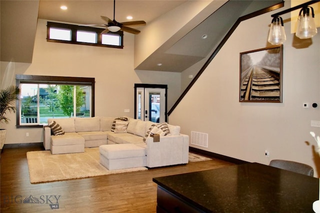 176 Travelers, Manhattan, MT 59741 - living area with ceiling fan, wood finished floors, recessed lighting, and a high ceiling