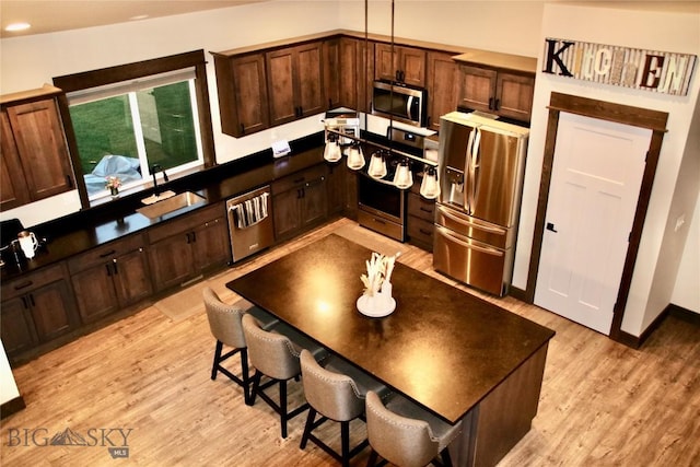 176 Travelers, Manhattan, MT 59741 - kitchen featuring appliances with stainless steel finishes, light wood-style flooring, dark countertops, dark brown cabinets, and recessed lighting