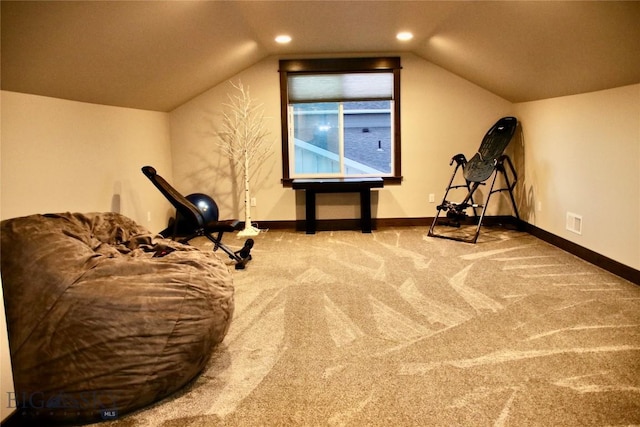176 Travelers, Manhattan, MT 59741 - workout room with carpet flooring, vaulted ceiling, and recessed lighting
