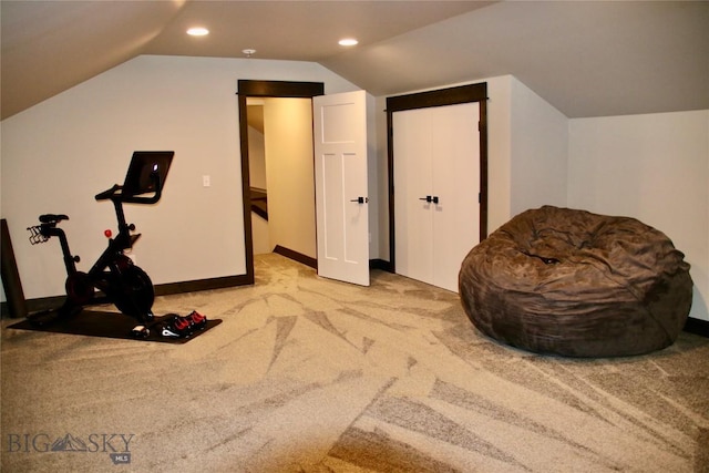 176 Travelers, Manhattan, MT 59741 - exercise area featuring lofted ceiling, carpet flooring, and recessed lighting